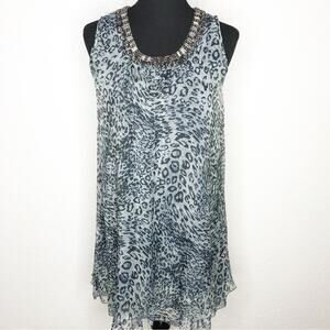 My Pretty Angel gray black animal print beaded neck silk blend dress size Medium